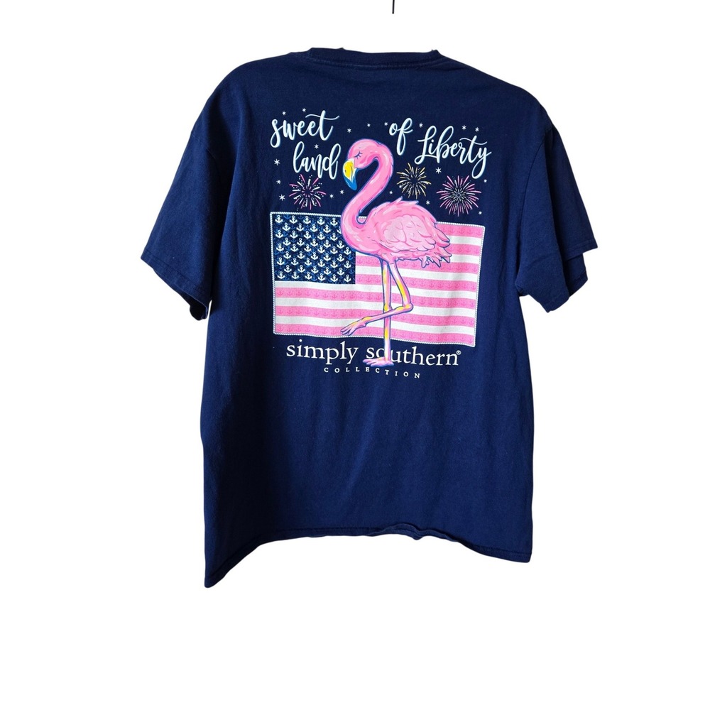 Simply Southern Womens Fourth of July Flamingo Blue Tee Large